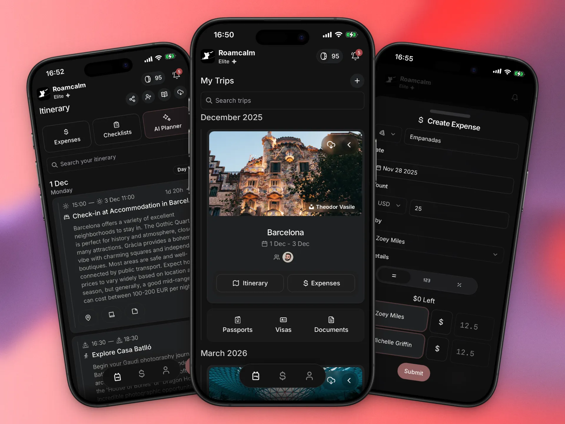 Travel planning app interface showing trip itinerary builder, expense tracker, and offline travel organizer